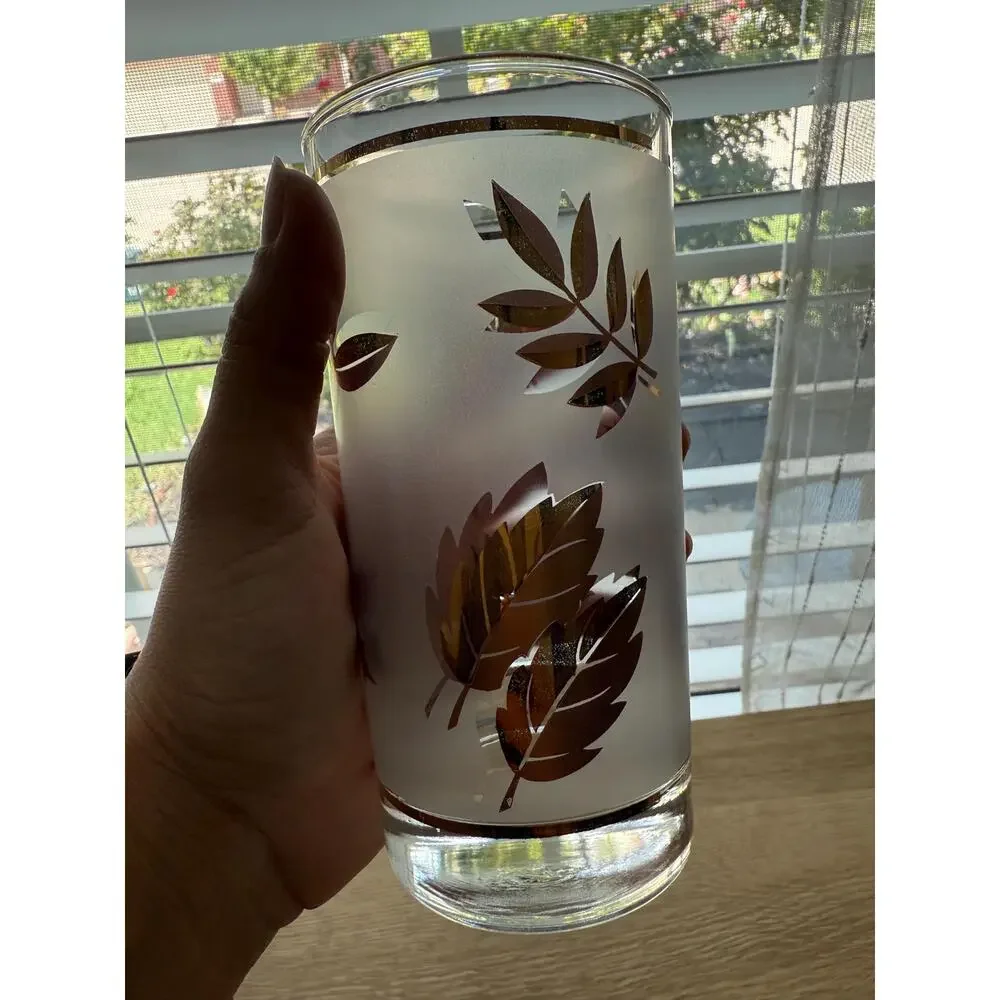 Vintage Libbey Golden Foliage Glasses Set of 7, Gold Leaf Highball Tumblers